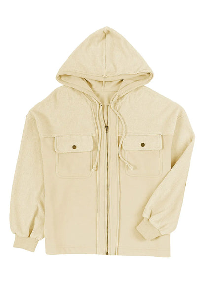 Outerwear/Jackets Apricot Flap Pocket Drawstring Hood Zip Up Jacket