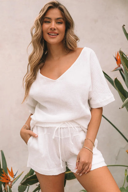 White Relaxed V Neck Blouse and Drawstring Raw Hem Shorts Set - Chic Meadow Boutique 