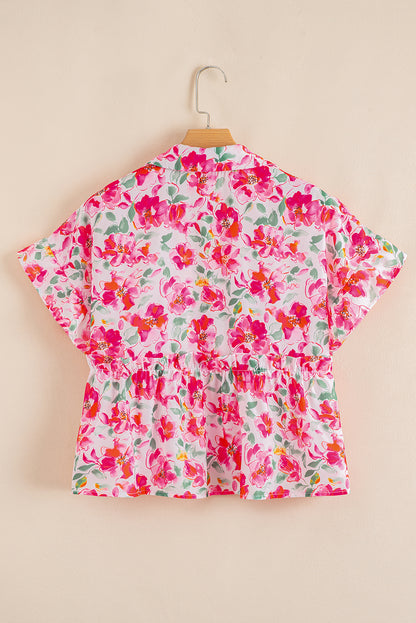 Pink Floral Boxy Fit Ruffled Short Sleeve V Neck Blouse