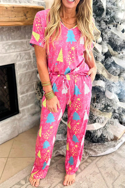 Rose Christmas Tree Print V Neck Tee and Pants Lounge Set - Chic Meadow Boutique 