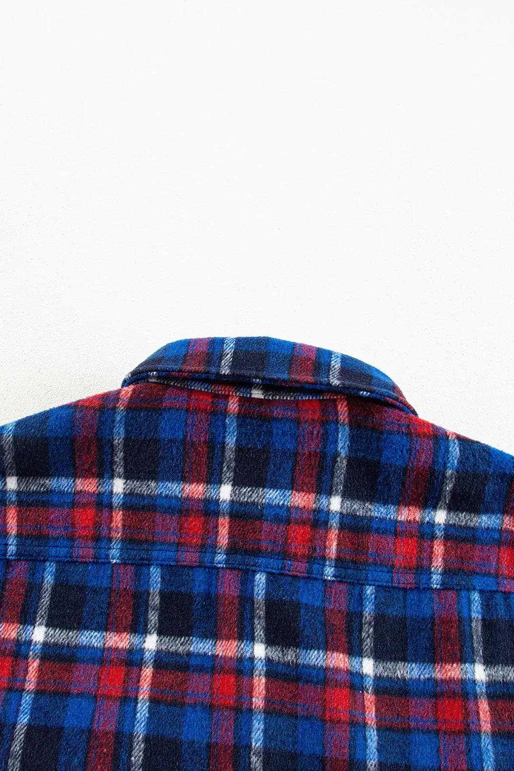 Outerwear/Plaid Shackets Navy Blue Plaid Flap Pocket Button Up Shacket