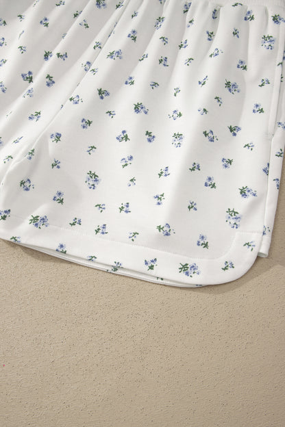 White Floral Print Half Zip Top Matching Short Set