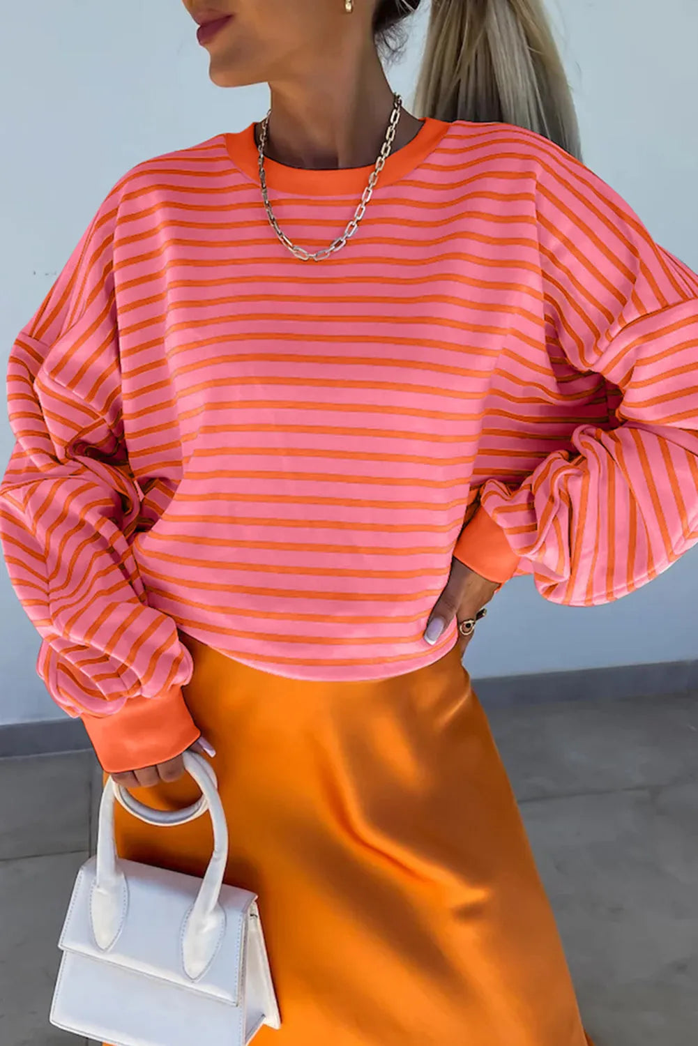 Russet Orange Drop Shoulder Crew Neck Loose Sweatshirt - Chic Meadow Boutique 