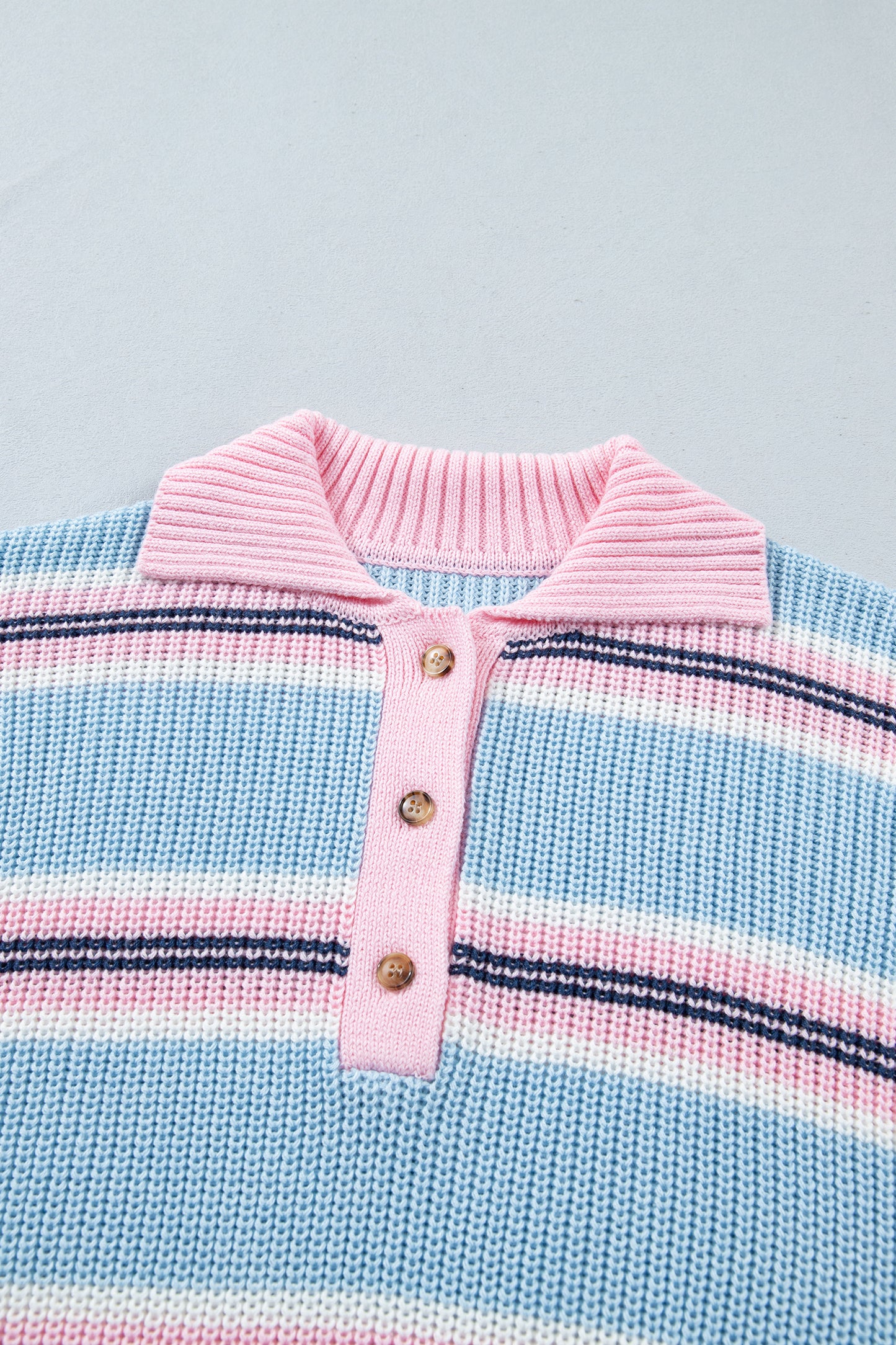 Sky Blue Stripe Striped Button Collar Long Sleeve Shift Fit Winter Knitwear Sweater