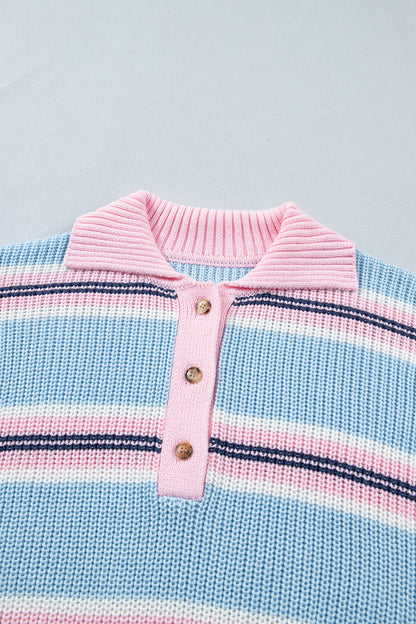 Sky Blue Stripe Striped Button Collar Long Sleeve Shift Fit Winter Knitwear Sweater