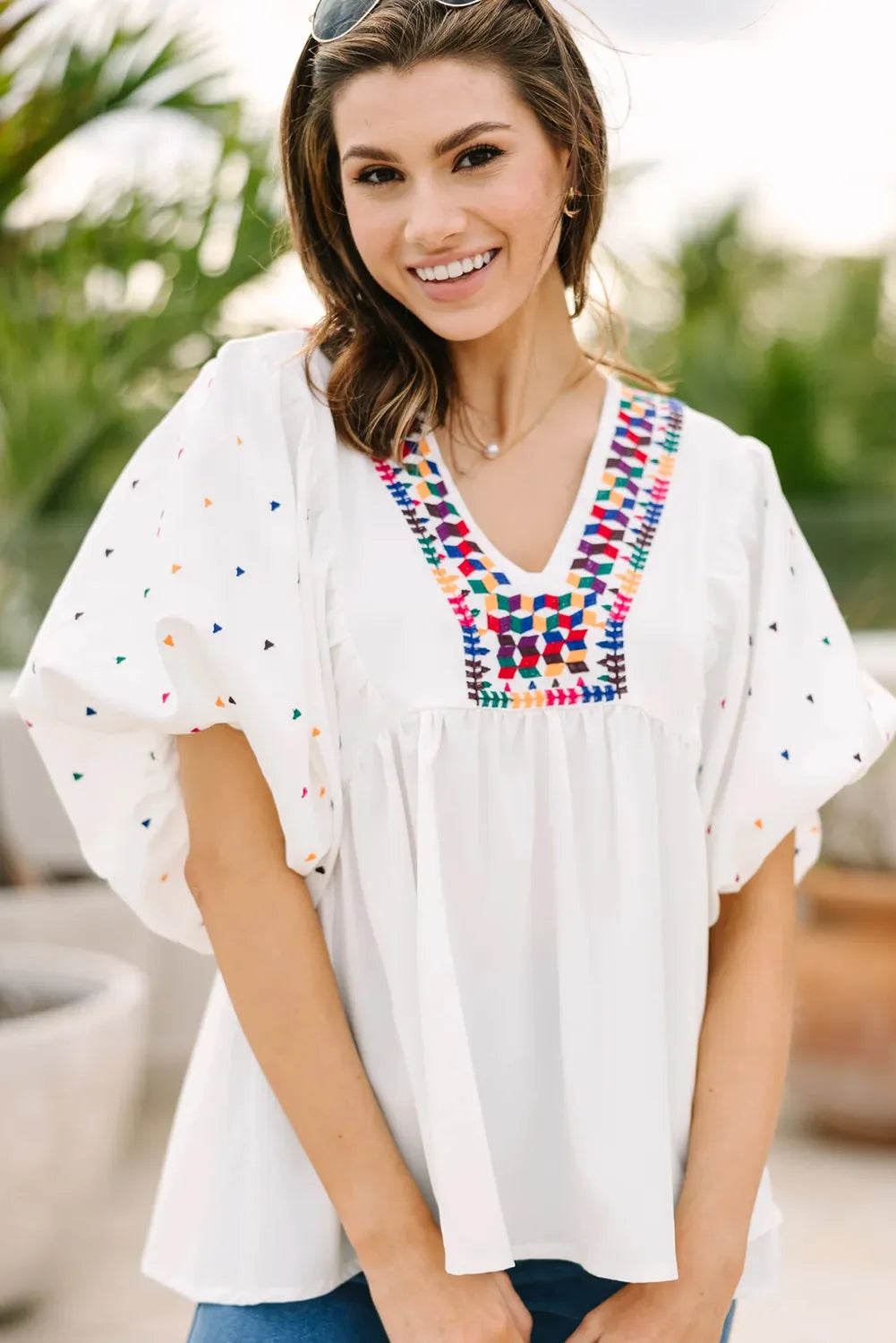 White Embroidered Puff Sleeve V Neck Blouse - Chic Meadow Boutique 