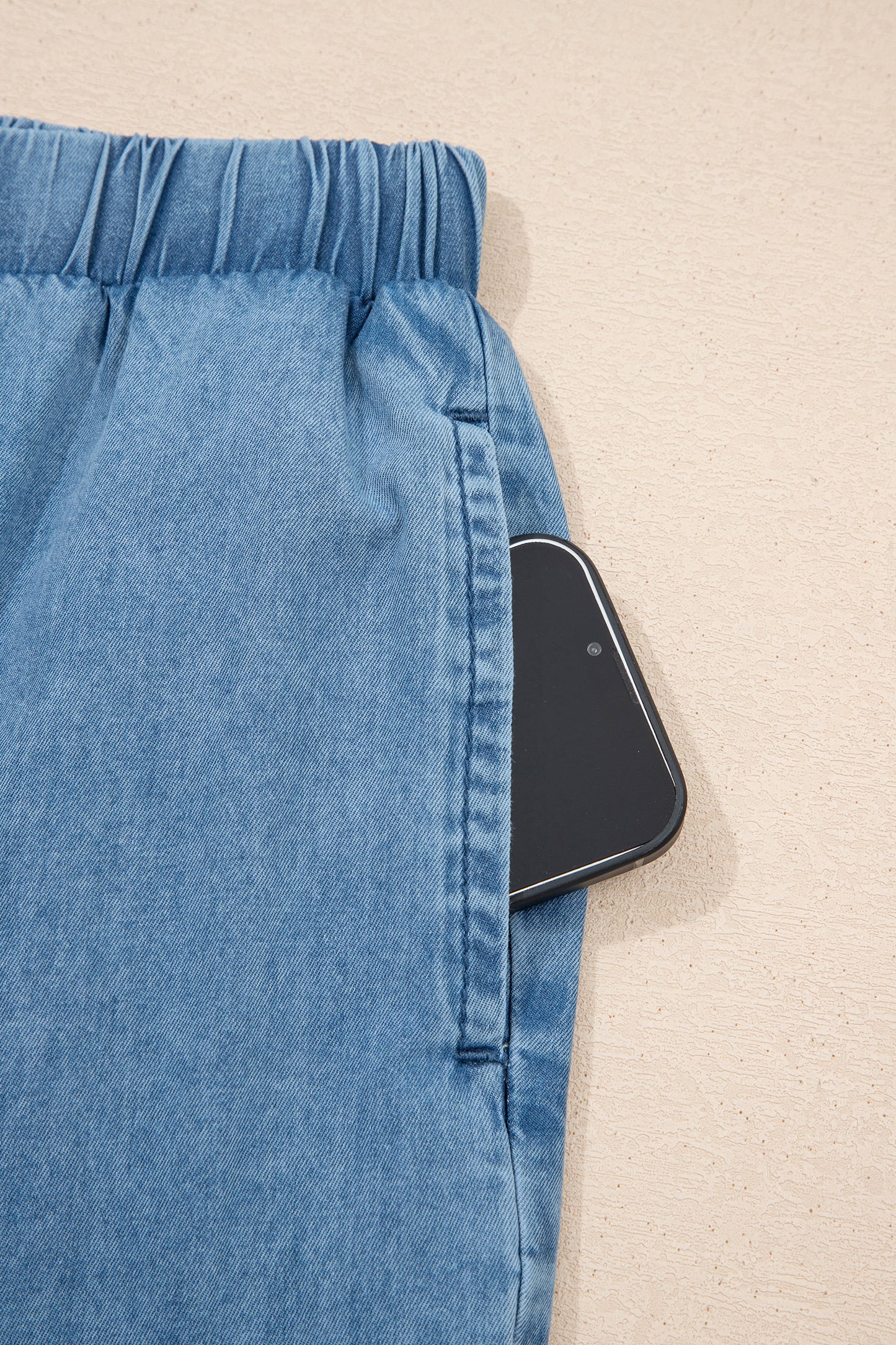 Dusk Blue Ruffled Hem Wide Leg Chambray Pants