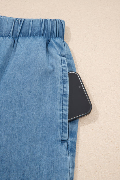 Dusk Blue Ruffled Hem Wide Leg Chambray Pants