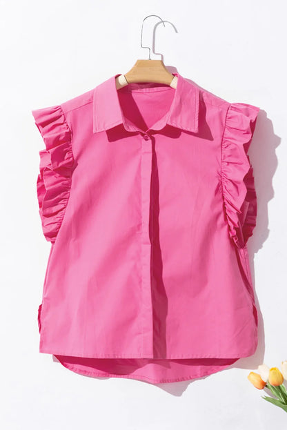 Bonbon Poplin Ruffle Trim Collared Shirt - Chic Meadow Boutique 