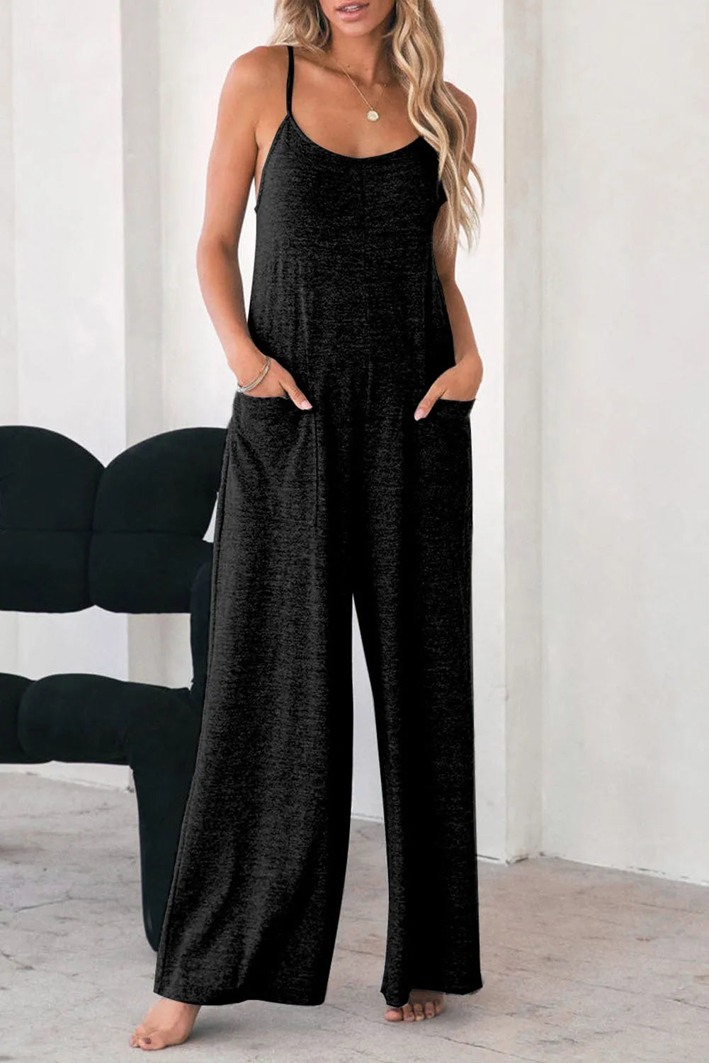 Black Patch Pockets Spaghetti Strap Wide Leg Jumpsuit - Chic Meadow Boutique 