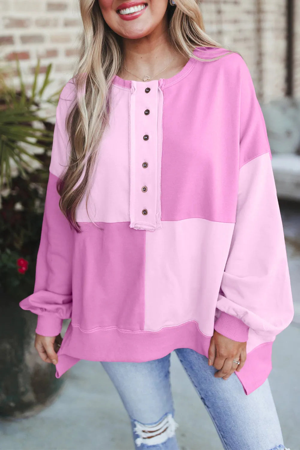 Pink Colorblock Henley High Low Oversize Sweatshirt - Chic Meadow Boutique 