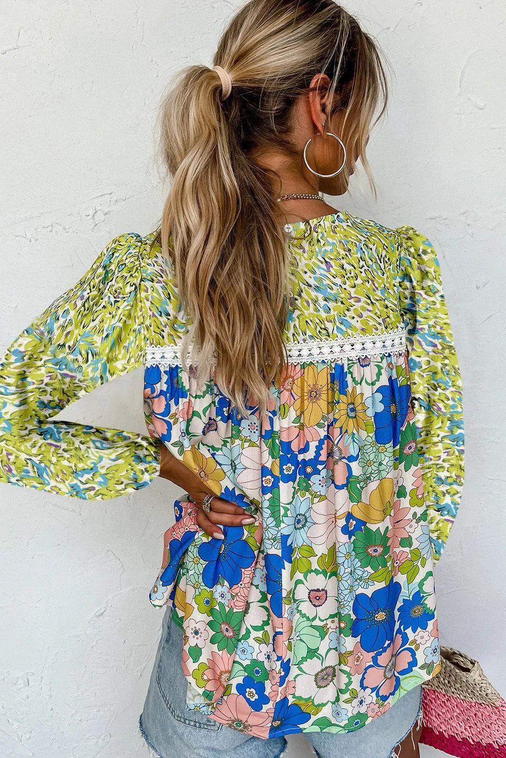 Tops/Blouses & Shirts Green Mixed Floral Print Long Sleeve Blouse