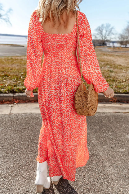 Red Floral Long Puff Sleeve V Neck Hollow Out Dress - Chic Meadow Boutique 