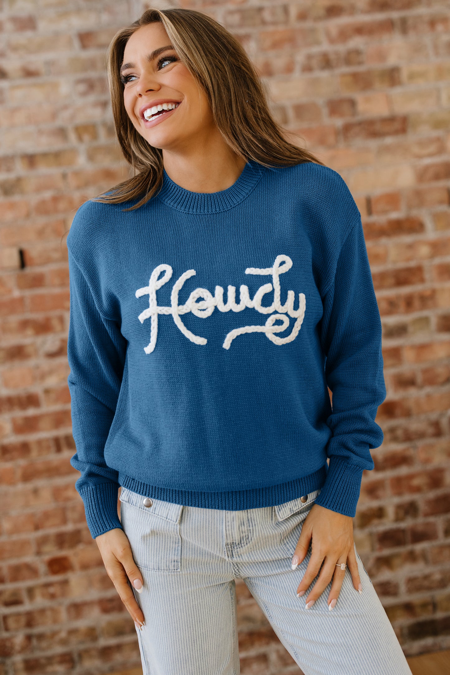 Dusk Blue Howdy Embroidered Graphic Western Sweater