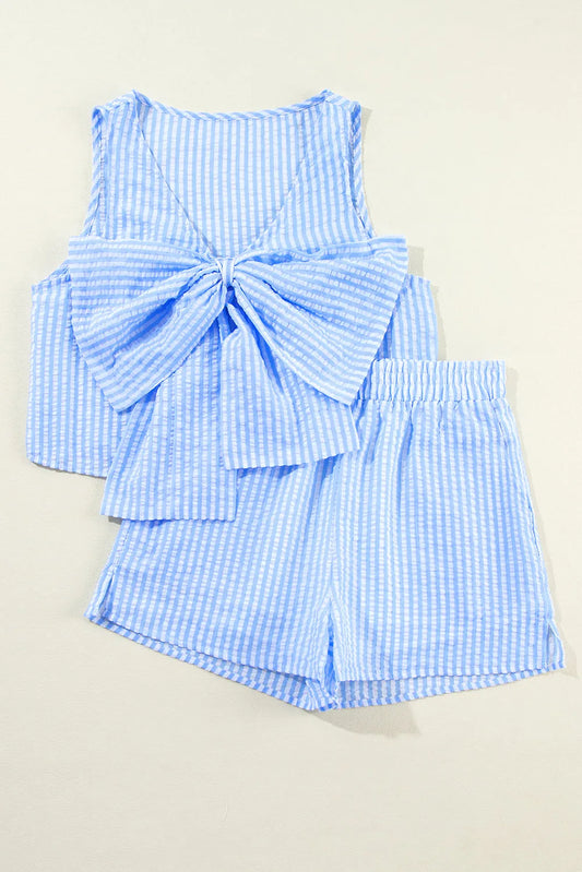 Sky Blue Stripe V Neck Bowknot Crop Tank and Shorts Set - Chic Meadow Boutique 