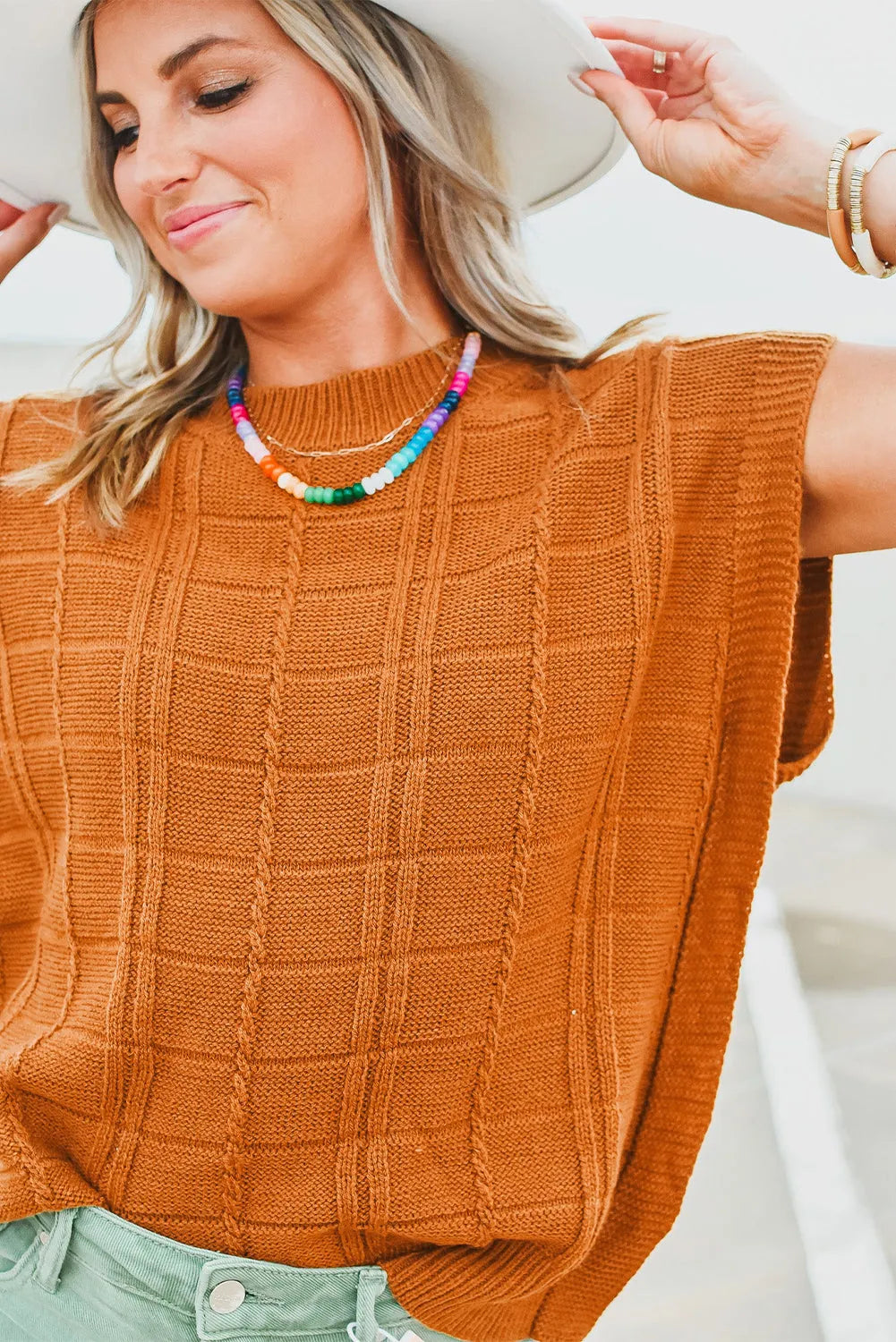 Chestnut Grid Textured Short Sleeve Sweater - Chic Meadow Boutique 