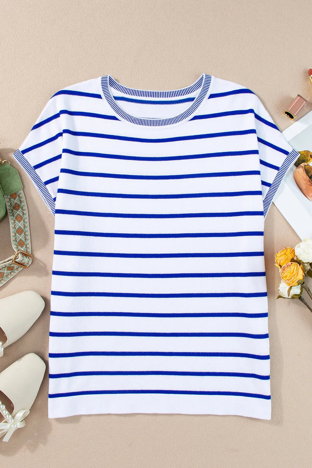 Sky Blue Stripe Knitted Bat Sleeve T Shirt - Chic Meadow Boutique 