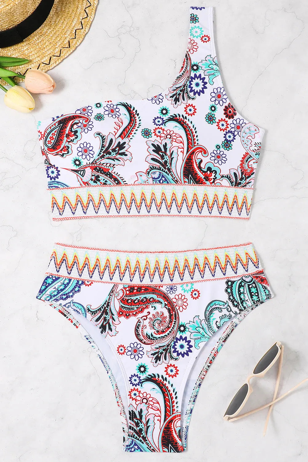 Swimwear/Bikinis White Boho Paisley Contrast Trimmed One-shoulder Bikini