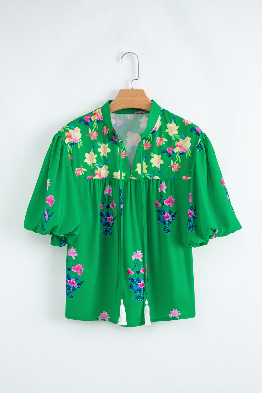 Green Floral Detail Tie Split Neck Short Sleeve Blouse