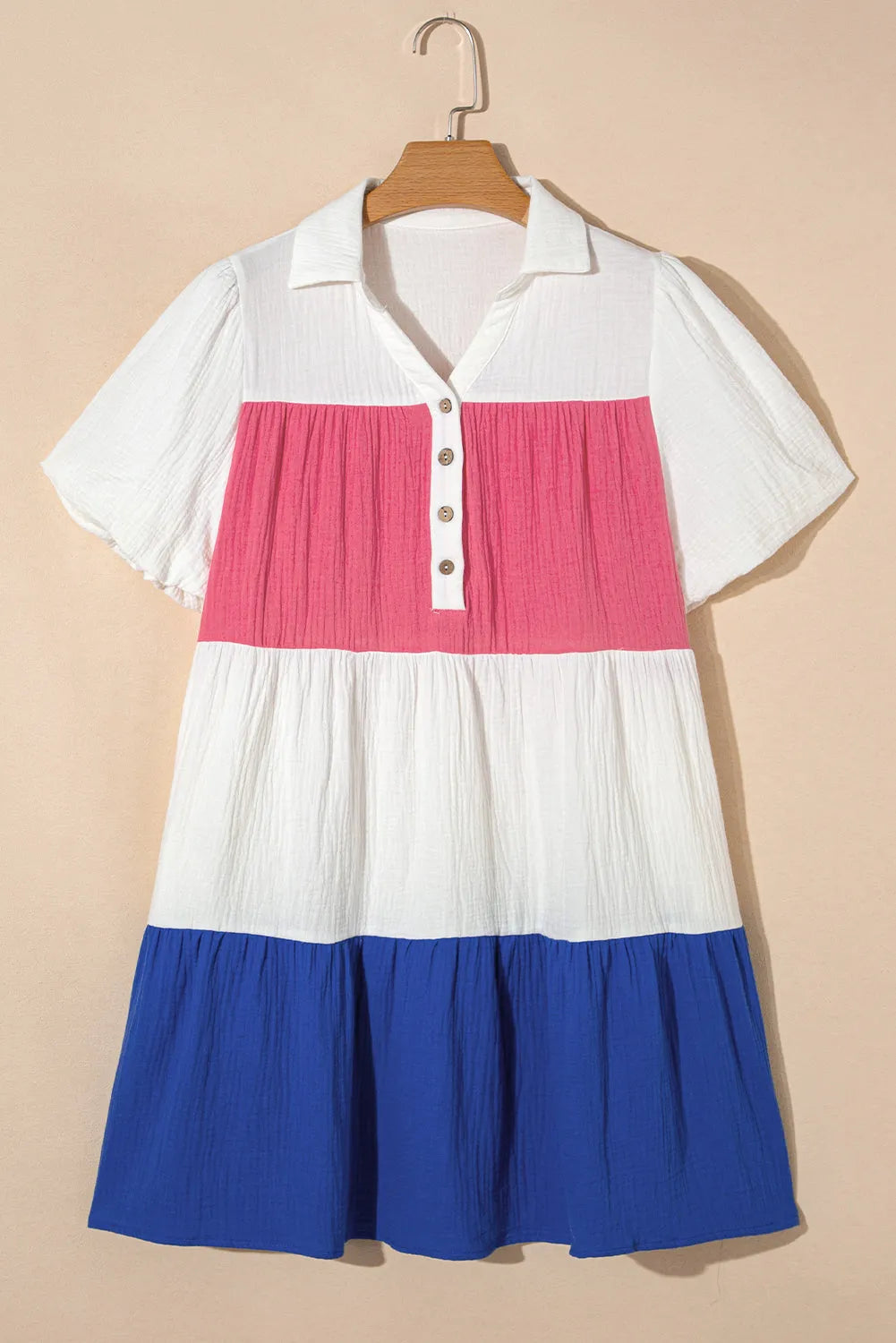 White Crinckle Colorblock Puff Sleeve Buttons Babydoll Dress - Chic Meadow Boutique 