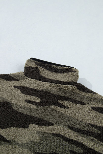 Multicolour Camouflage Fleece Half Zip-Up Long Sleeve Pocket Sweatshirt