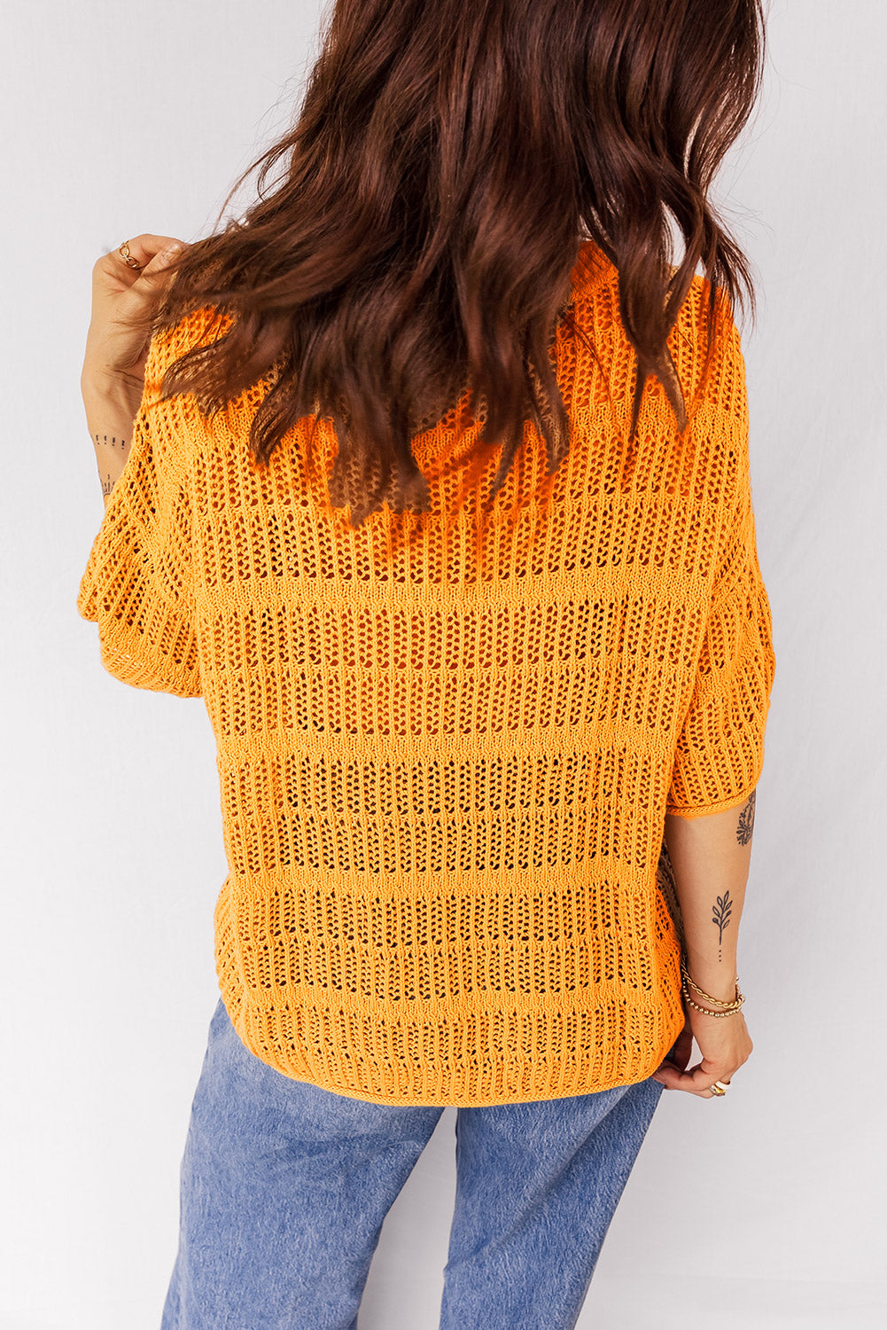 Mustard Hollow out Openwork Knit 3/4 Sleeve Sweater