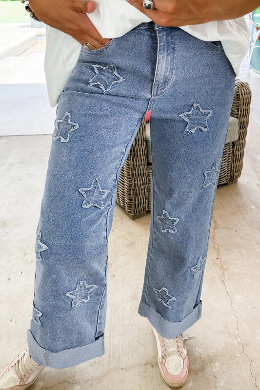 Dusk Blue Foiled Star Patchwork Straight Leg Loose Jeans - Chic Meadow Boutique 