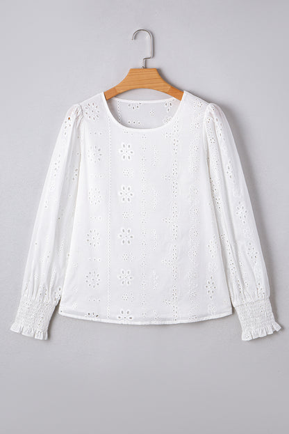 White Eyelet Embroidered Smocked Cuff Sheer Blouse