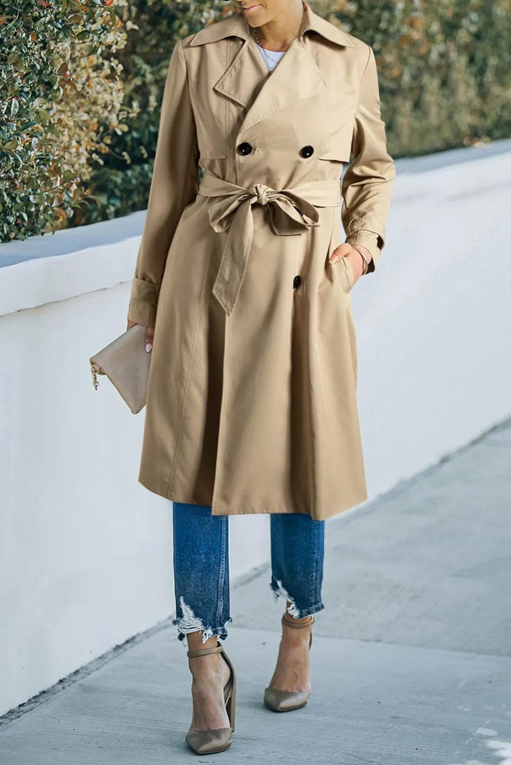 Outerwear/Coats Pale Khaki / S / 100%Polyester Pale Khaki Solid Color Lapel Collar Waist Tie Wind Coat