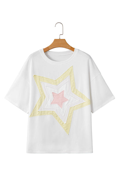 White Star Layered Patched Graphic Drop Shoulder Half Sleeve Loose Tee