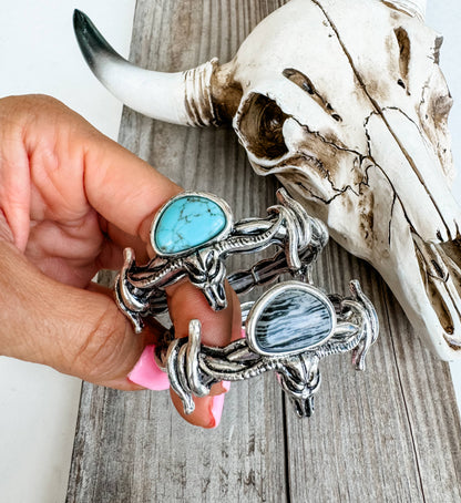 Western Steer Skull Stone Barbed Wire Stretch Bracelet