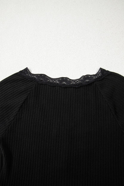 Black Lace Neckline Button Decor Lettuce Edge Long Sleeve Ribbed Top
