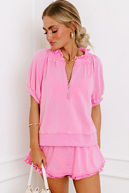 Pink Half Zip Puff Sleeve Top and Ruffled Shorts Set