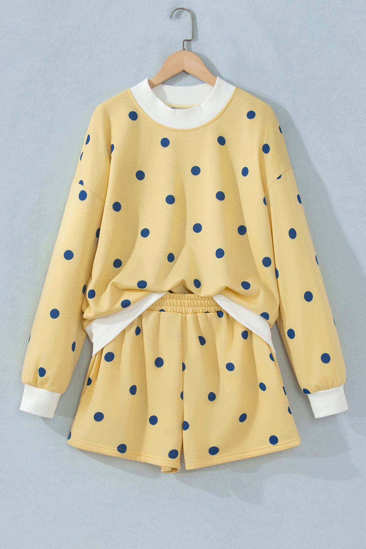 Yellow Polka Dot Ribbed Trim Long Sleeve Top Casual Short Set