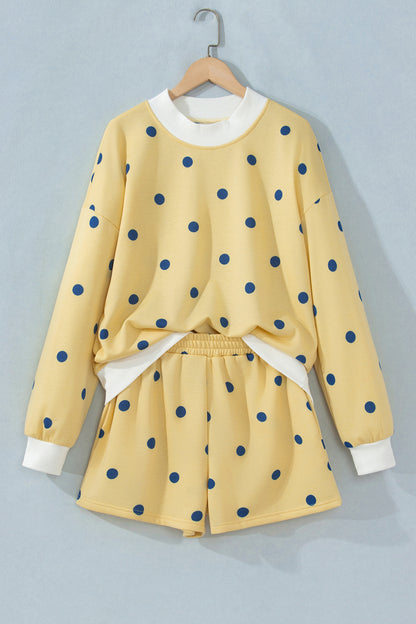 Yellow Polka Dot Ribbed Trim Long Sleeve Top Casual Short Set