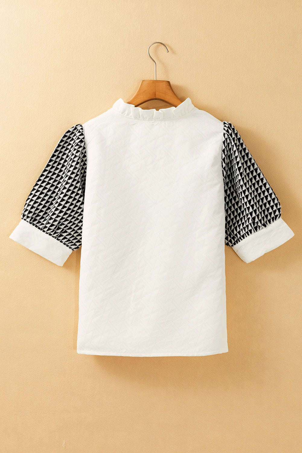 White Geometric Textured Short Sleeve Frilly V Neck Blouse