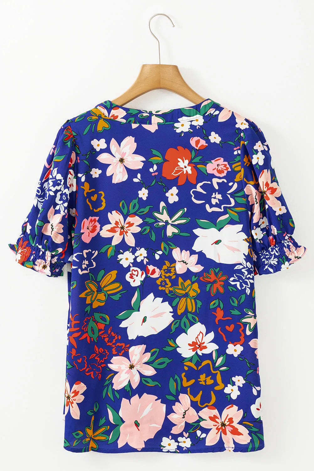 Blue Floral Printed Split V Neck Puff Sleeve Blouse - Chic Meadow Boutique 