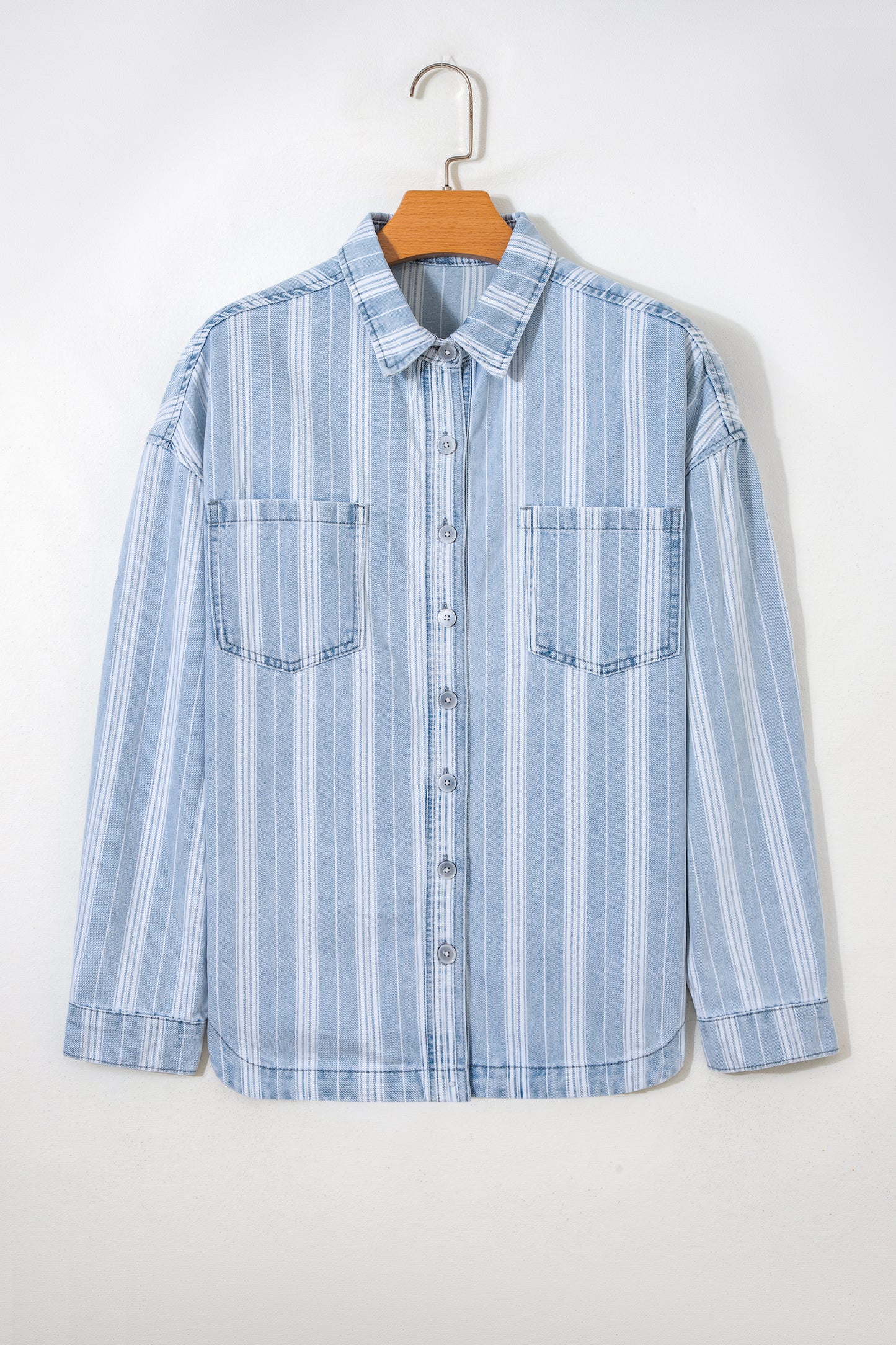 Sky Blue Stripe Boyfriend Chest Pocket Classic Denim Shacket