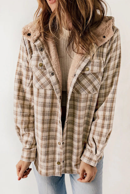 Khaki Plaid Pattern Sherpa Lined Hooded Shacket - Chic Meadow Boutique 