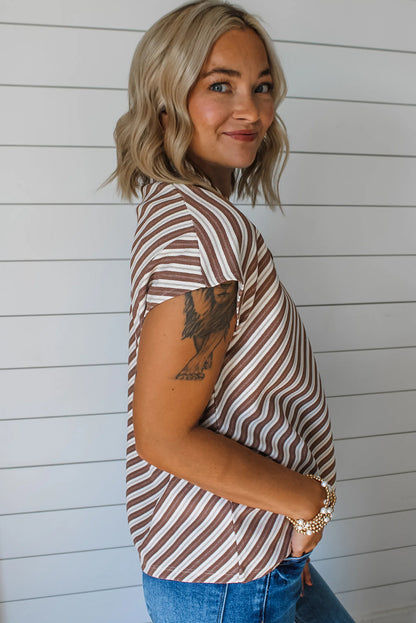 Chestnut Striped Stand V Neck Short Sleeve Blouse