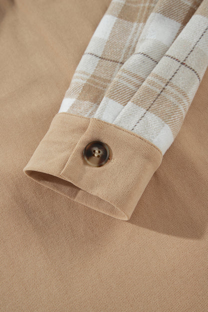 Light French Beige Plaid Colorblock Shirt Collar Shift Shacket