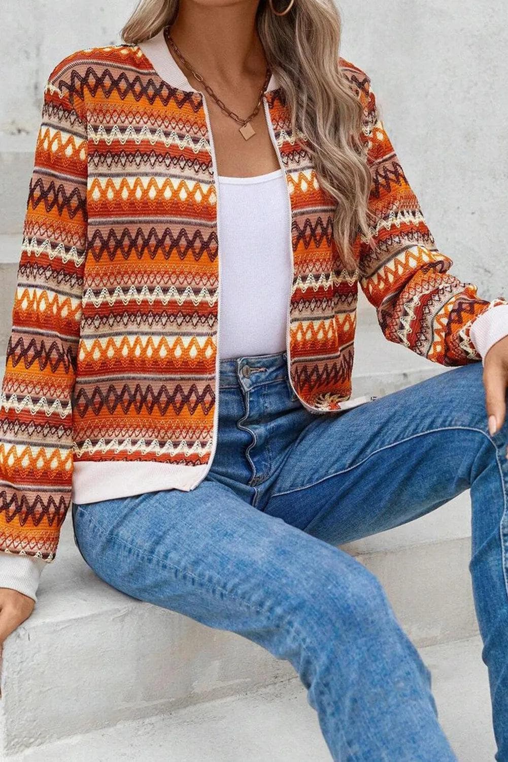 Outerwear/Jackets Orange Boho Striped Zip Up Long Sleeve Jacket