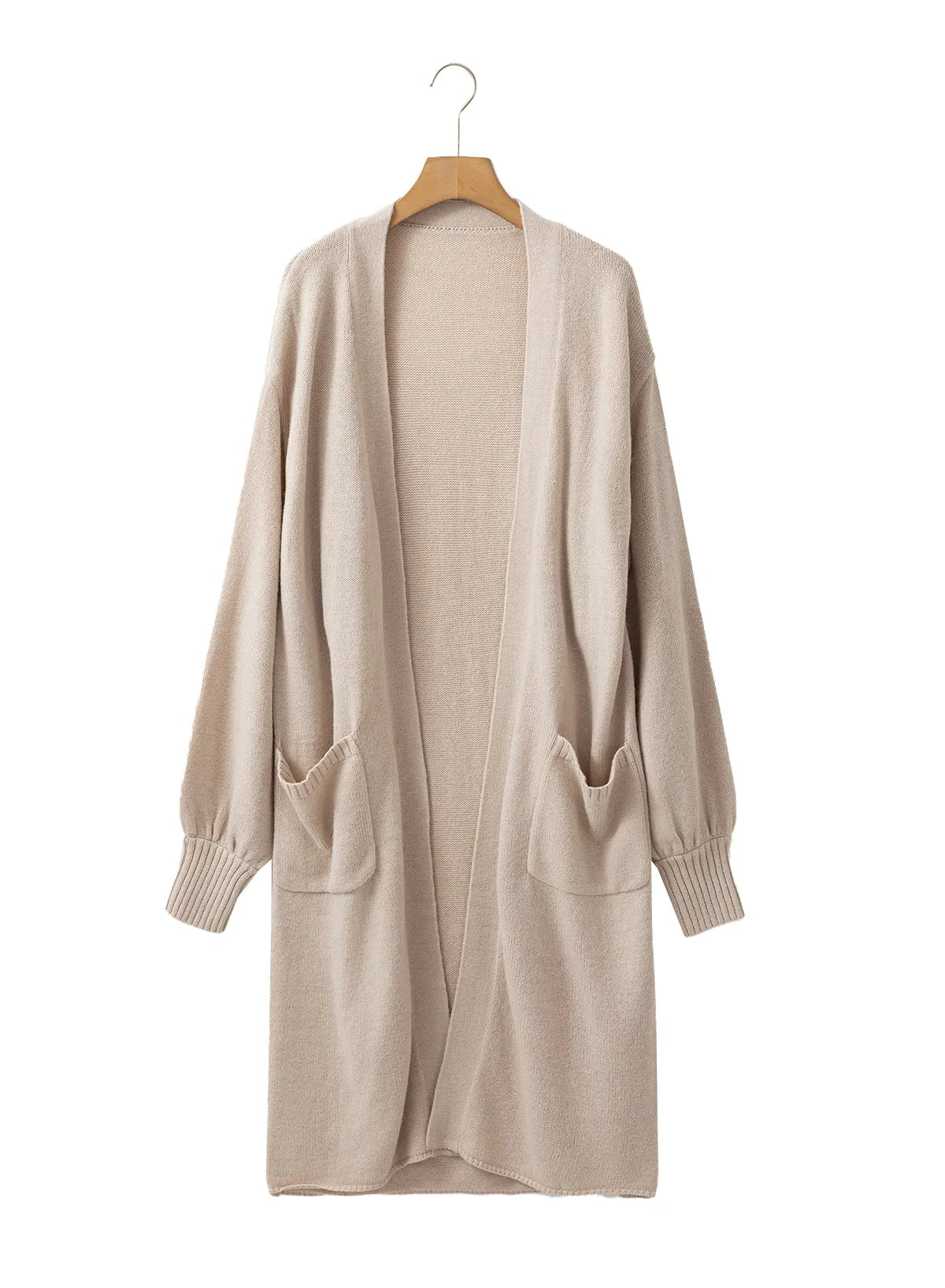 Beige Side Pockets Open Front Long Knitted Cardigan - Chic Meadow Boutique 