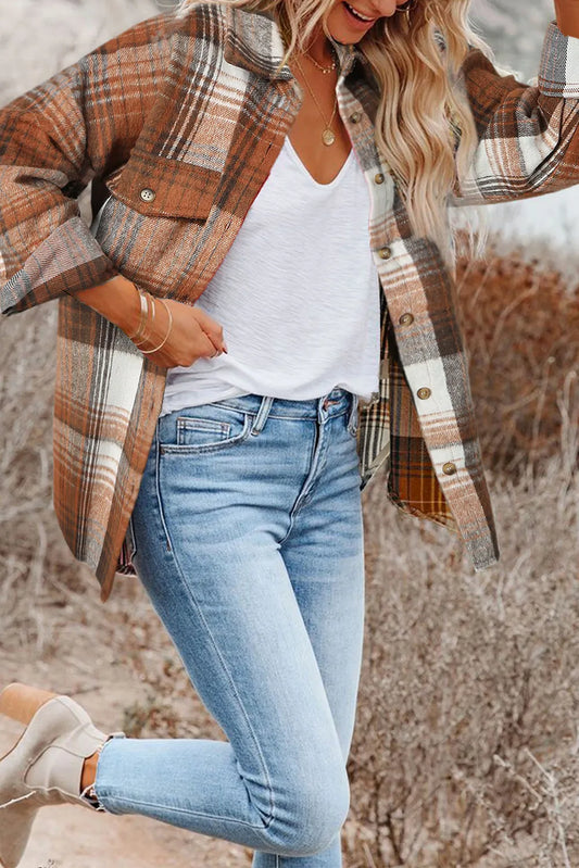 Brown Plaid Flap Pockets Shacket - Chic Meadow Boutique 