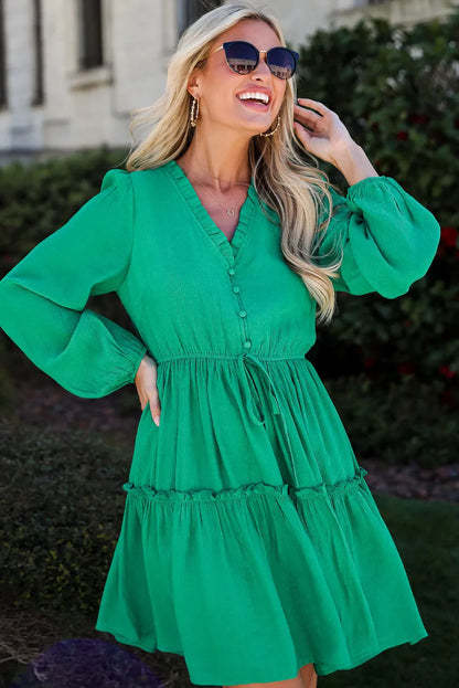 Sea Green Frilly V Neck Puff Sleeve Drawstring Shift Mini Dress - Chic Meadow Boutique 