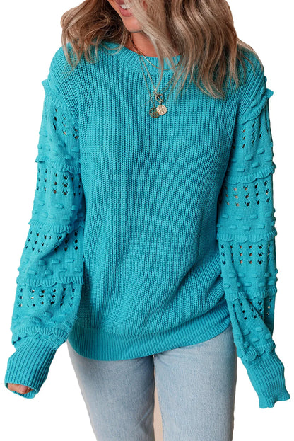 Turquoise Ruffled Eyelet Bubble Sleeve Sweater - Chic Meadow Boutique 