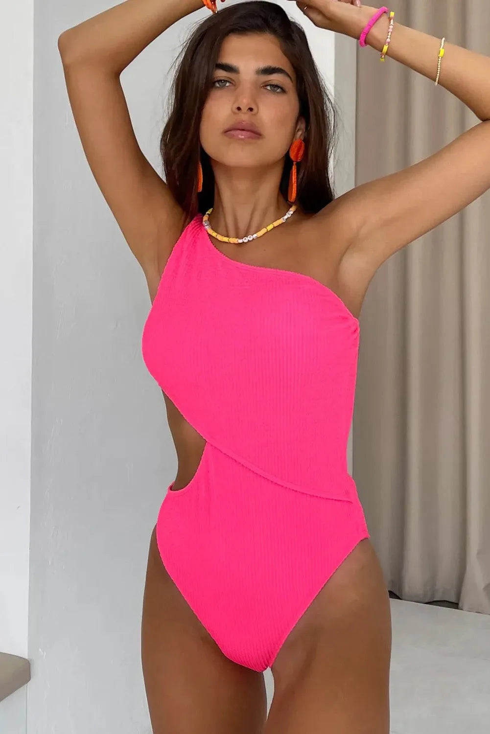 Bright Pink Solid Textured Cut Out One Shoulder Monokini - Chic Meadow Boutique 