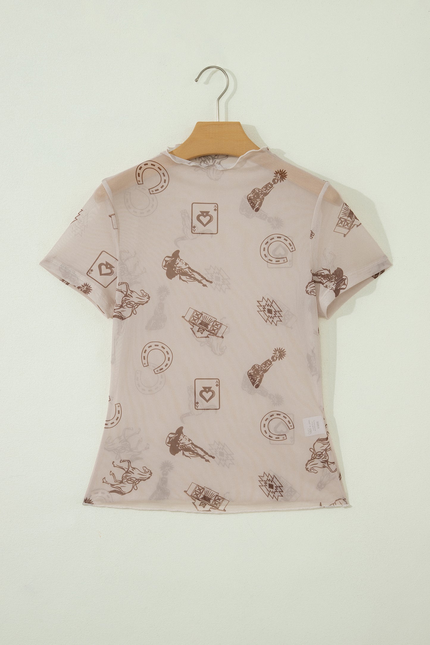 Oatmeal Western Printed Mesh Short Sleeve Top