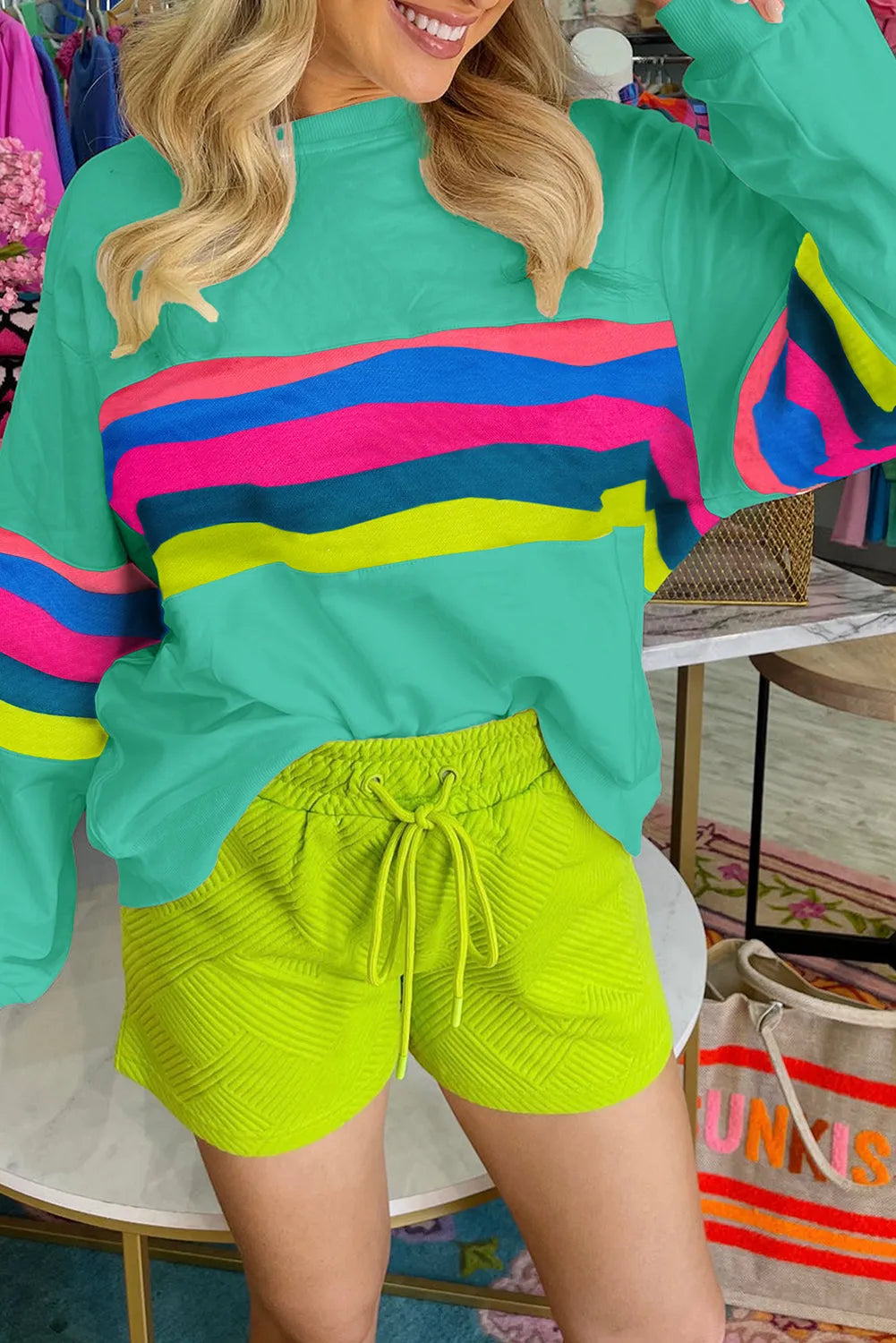 Green Colorful Striped Accent Long Sleeve T Shirt - Chic Meadow Boutique 