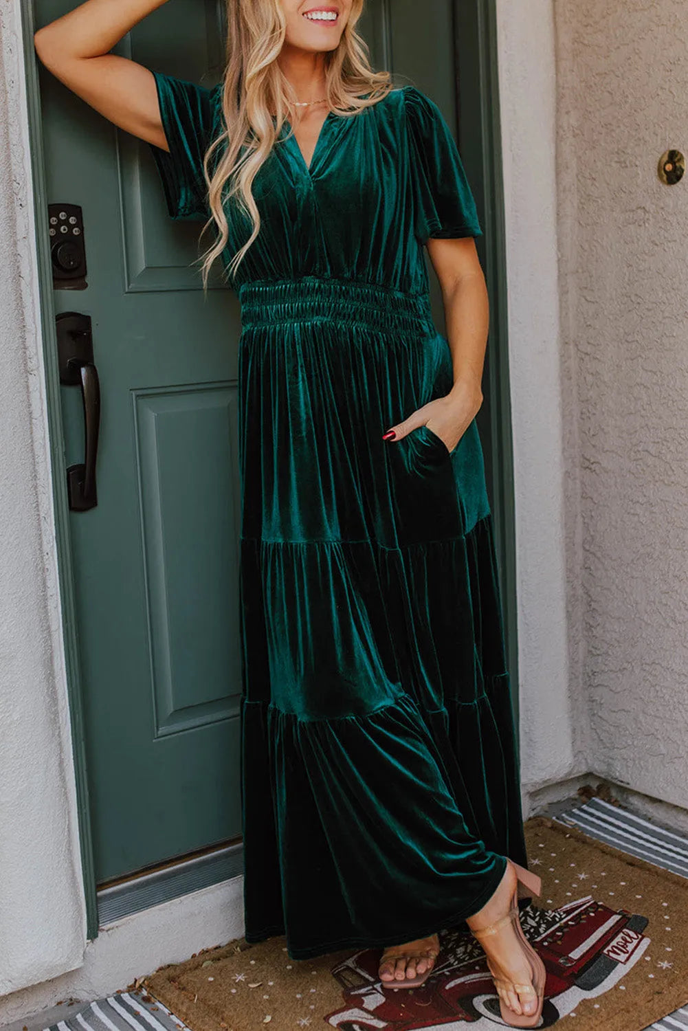 Evergreen Velvet Short Sleeve Shirred Waist Tiered Maxi Dress - Chic Meadow Boutique 